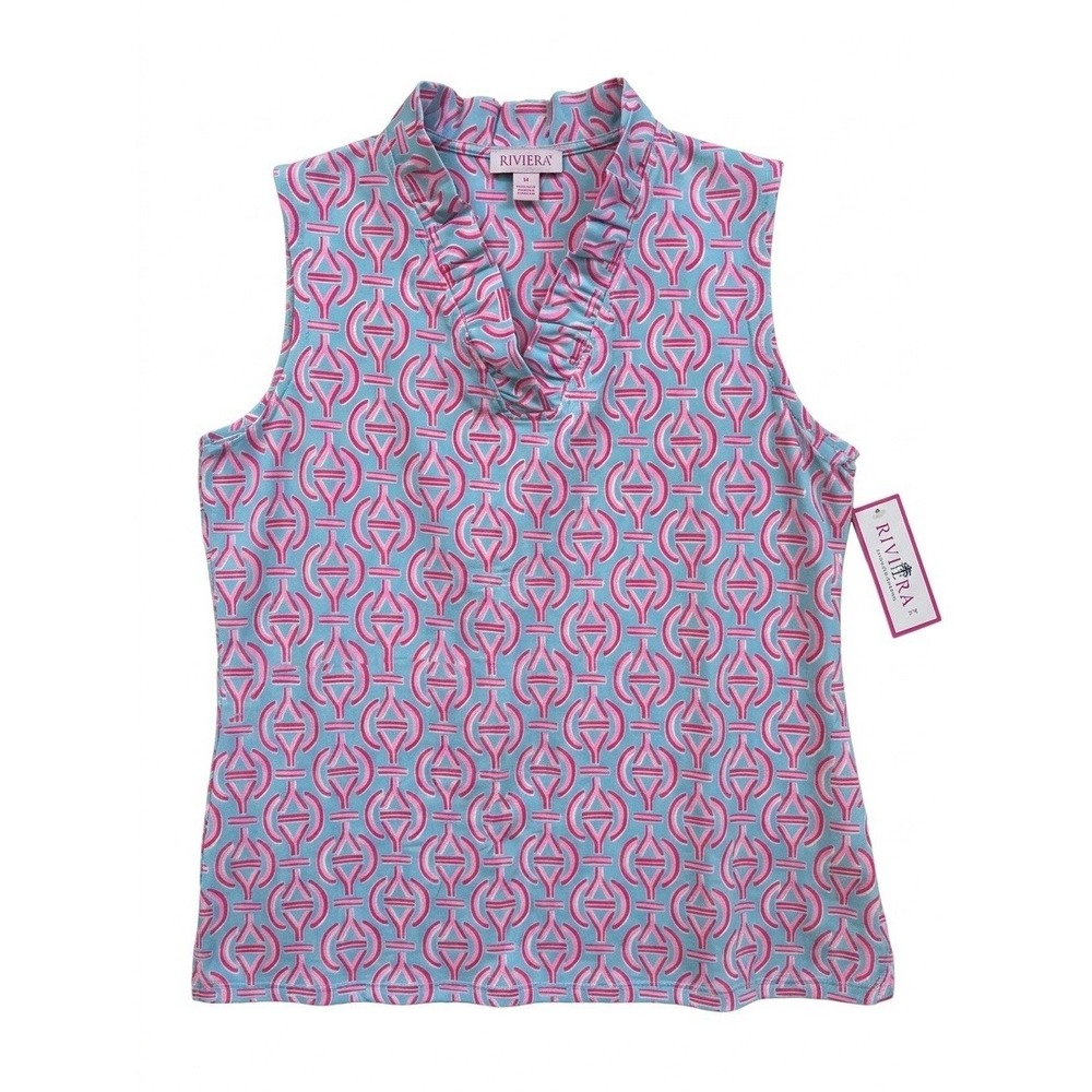 NWT‎ Rezobay Womens 2X Sleeveless Pink Blue Ruffle V-Neck Tunic Top Resort Wear